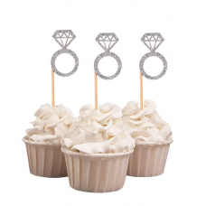 Hens Night Cupcake Toppers 10pack - DIAMOND RING CARAT SILVER